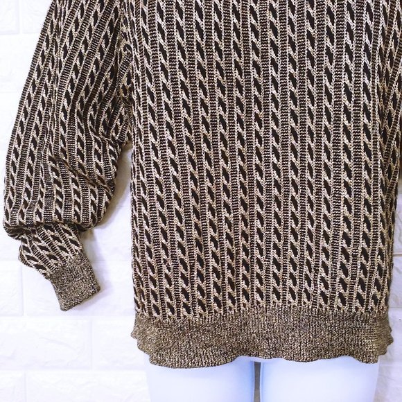 Vintage 80s Jeanne Pierre Metallic Cable Knit Sweater -M Wool/Angora Gold Black - Picture 4 of 10